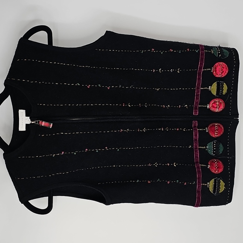 Charter Club Black Wool Decorated Christmas Vest w Bead‎ & Velvet Accents